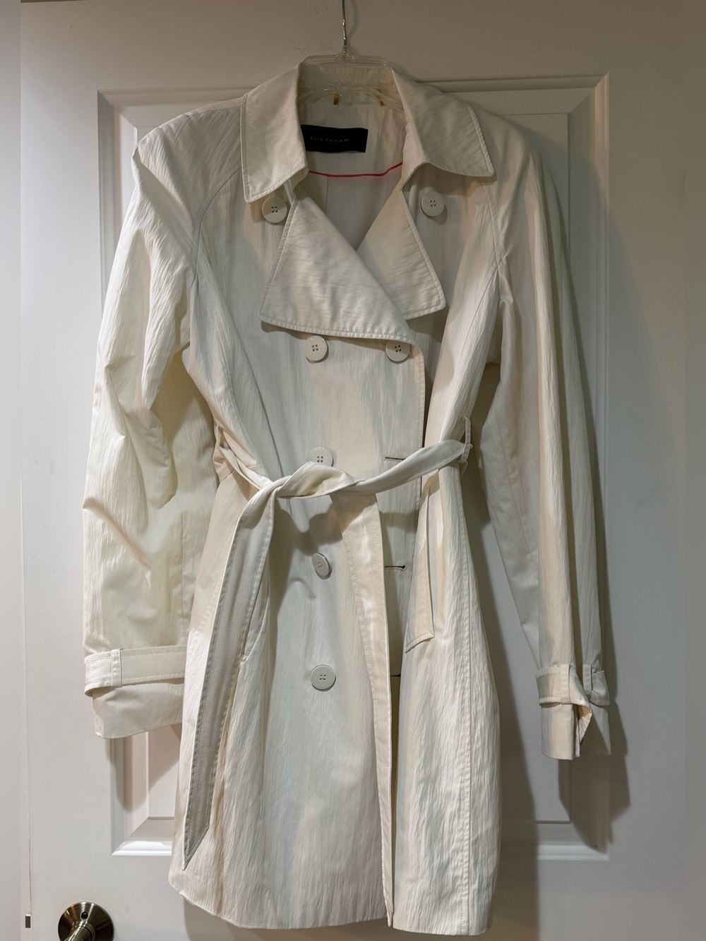 Elie Tahari White Double-Breasted Trench Coat with Belt